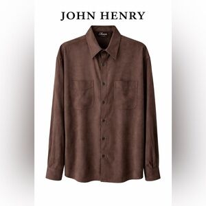 John Henry Brown Faux Suede Button Front Shirt XXL Soft Luxe Casual